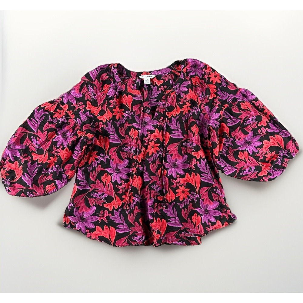 Tommy Bahama Womens Silk Cotton Blend Floral Peasant Top Large Balloon Sleeve